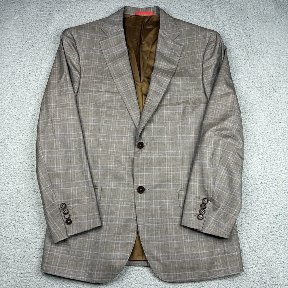 ISAIA Napoli Men's 38R Beige Gray Windowpane Wool Silk Sport Coat Blazer Italy